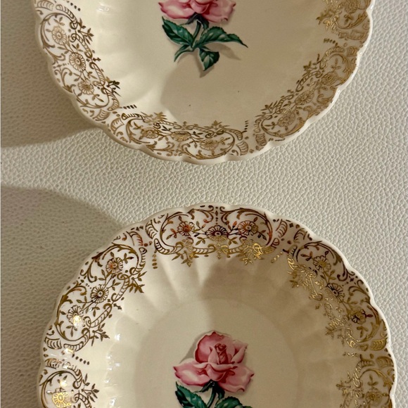American Limoges Le Fleur Rouge Gold Trim Berry Bowls Set 6 Pink Rose Vintage